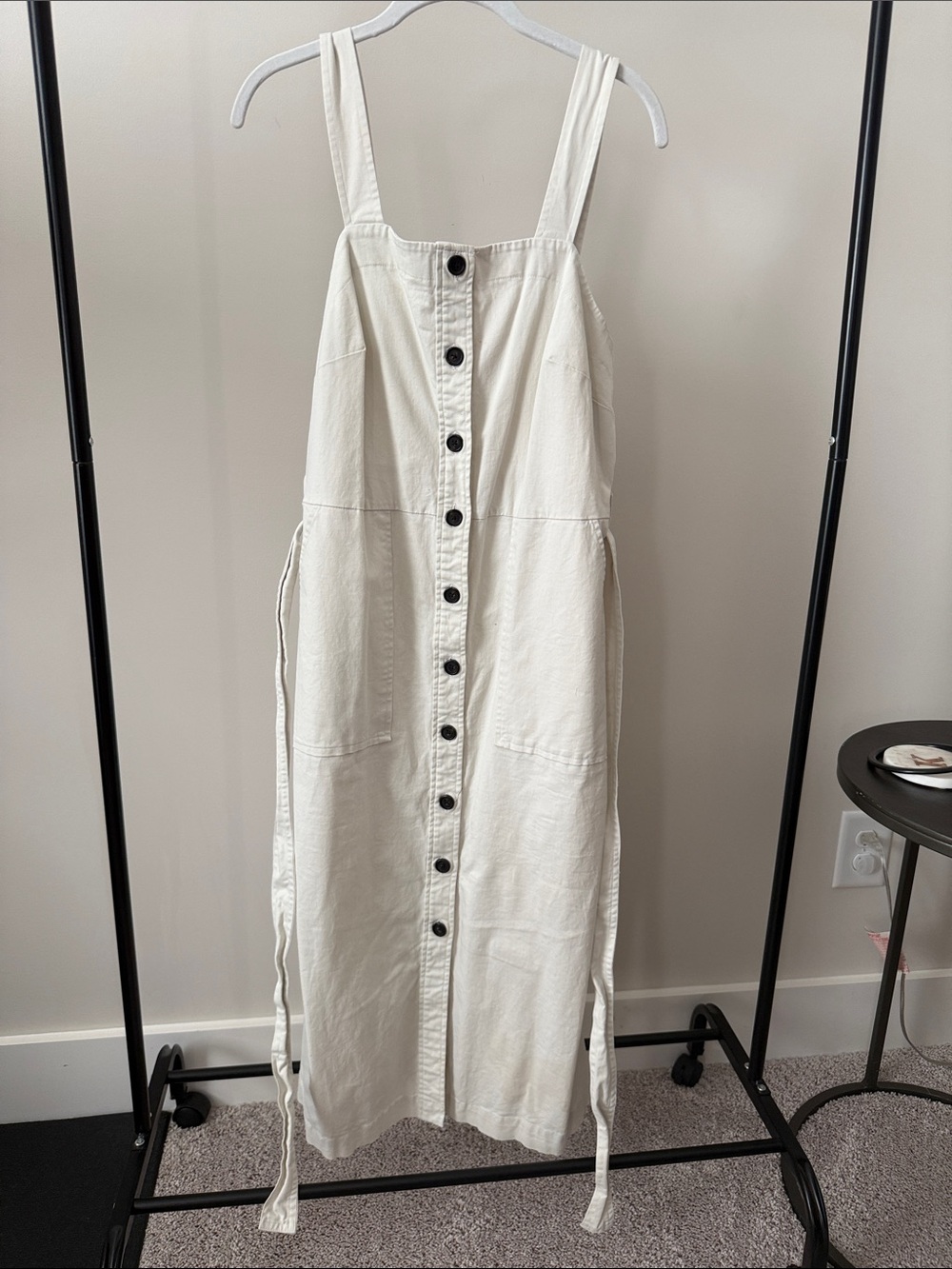 White Denim Button-Front Midi Pinafore Dress